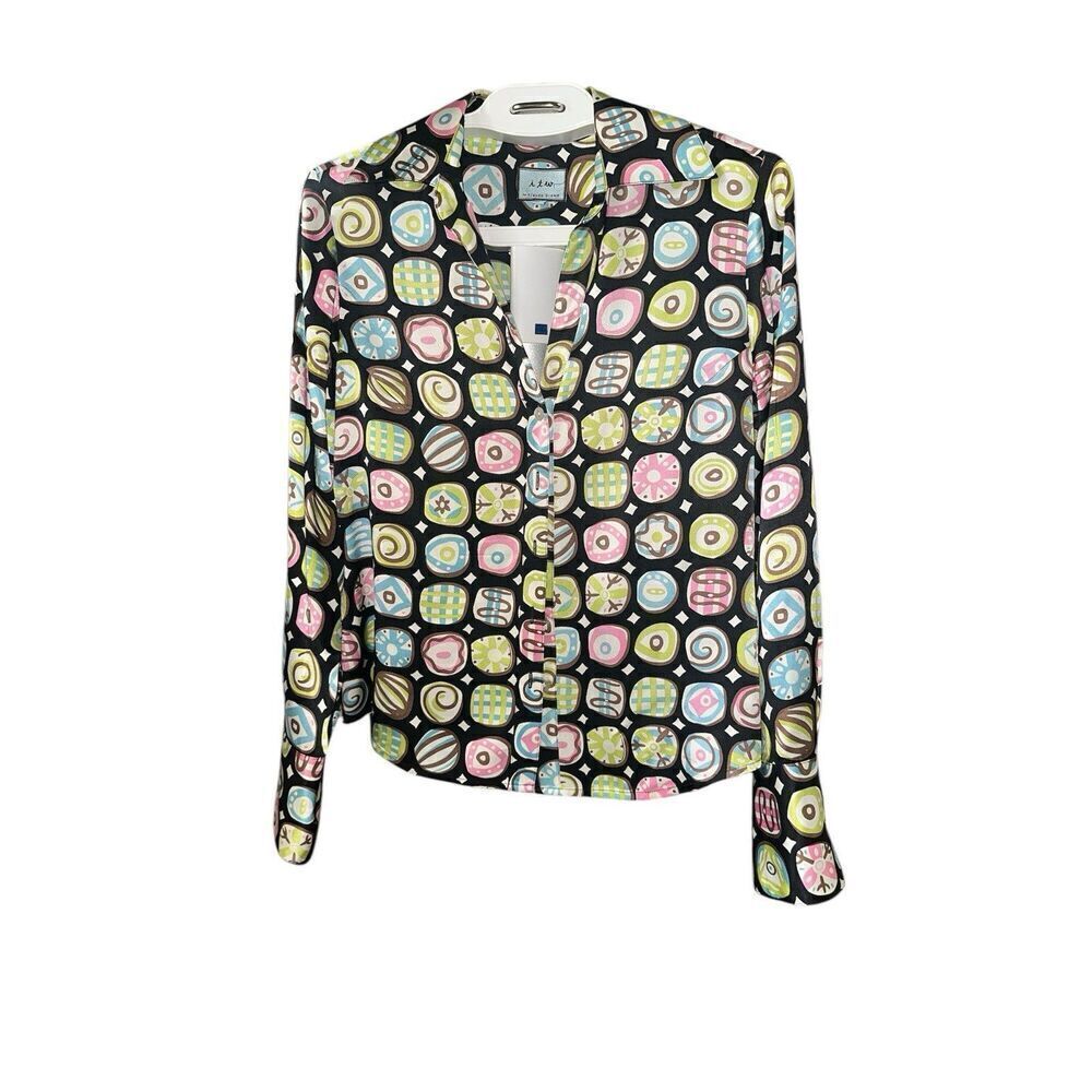 ITW by Claude Brown Art Wear Funky Abstract 100% Silk Blouse Size 6